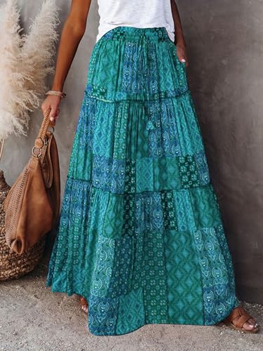 Womens Floral Boho Long Maxi Skirt Elastic High Waist Pleated Ruffle Flowy Tiered Swing Beach Skirt with Pocket4