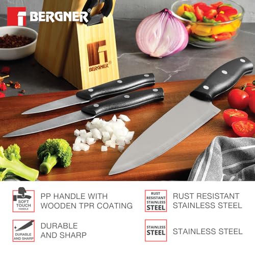 Image of Bergner Dusseldorf 7 Pcs Stainless Steel Knife Set - Chef Knife, Slicing Knife, Tomato Knife, Utility Knife, Paring Knife, Scissors and Wooden Block, Durable, for Kitchen and Restaurants - Black