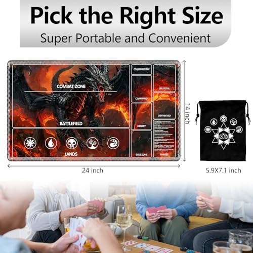 Image of for MTG Playmat with Card Storage Bag,Non-Slip Rubber Base & Smooth Surface 24x14in,Beginner-Friendly Magic Mat for Commander Deck,Flame Black Dragon