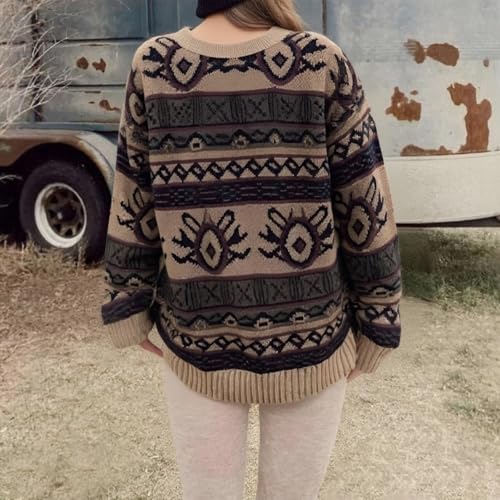 Image of Women Vintage Striped Pullover Sweater Y2k Long Sleeve Crew Neck Loose Knit Sweaters Fall Winter Knitwear