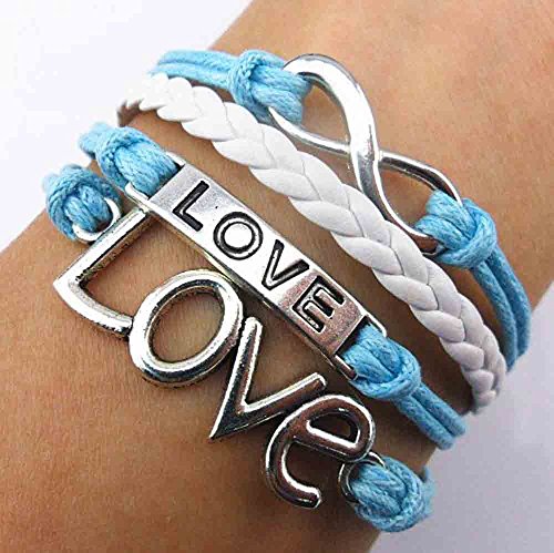 ArRord® Handmade Infinity Bracelet Love Sky Blue Rope White Leather Weave Vintage Silver