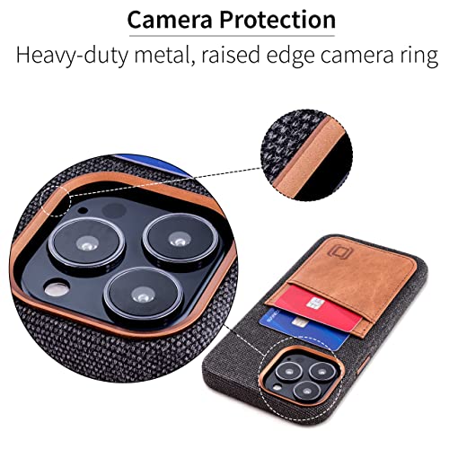 Image of Dockem Fabric Card Case for iPhone 13 Pro Max with Built-in Metal Plate for Magnetic Mounting, Stitched-on Genuine Leather Wallet with 2 Credit Card /ID Slots: M2F 6.7 inch Pro Max [Grey w /Light Brown]