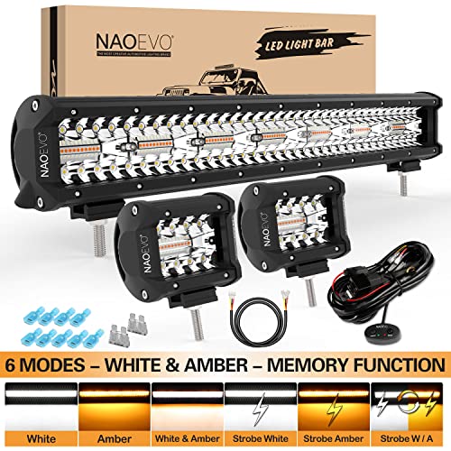 NAOEVO 20" 420W Spot Flood LED Light Bar 2Pcs 4" 120W Amber White Off Road Lighting, 6 Modes Memory Reset Function Driving Work Light with 3 Leads Wiring Harness for Truck Boat Jeep Tractor(3Pack)