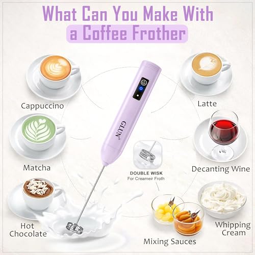 Image of GLUN Portable Coffee Frother Vibe Lavender Colour 1 Piece, Type-C Port Rechargeable Handheld Milk Frother with 2-Layer Detachable Steel Whisk, Fast Foam Maker for Latte, Cappuccino & Coffee