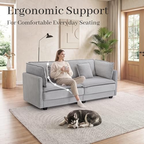 Image of 78.4 inch Corduroy Loveseat, Small Sectional Sofa for Small Spaces, Apartment, Home Office, or Cozy Corner, Lightgrey