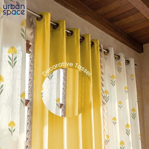 Image of Urban Space Printed 100% Cotton Curtains for Window, Combo Set of 3 Curtains 5 Feet, Tieback & Eyelets Included with Curtains for Home Decor (Aster Yellow and Aura Yellow, 5 Feet)