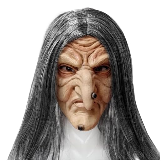 TIANHOO Máscara de Halloween Máscara de Bruja con Pelo Máscara de Mujer Vieja Aterradora Látex Cara Completa Máscara para Fiesta de Carnaval de Halloween Cosplay de Disfraces Decoraciones