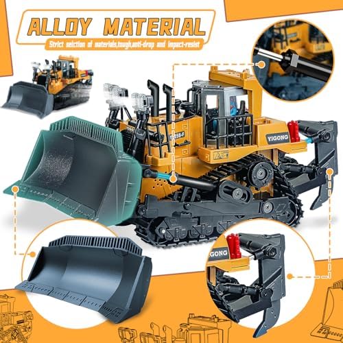 MNJCK Metal Bucket Rc Bulldozer Toys for Boys, Realistic Construction Remote Control Bulldozer 9 Channel with Lights Sounds, Tractor Dozer Toys for Kids Ages 3-5 4-7 8-12 — view 5