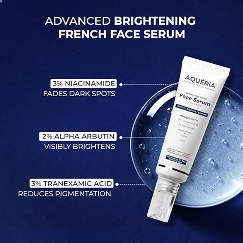 Image of Aqueria Brightening Multi Active French Serum for Glowing Skin | 3% Niacinamide, 2% Alpha Arbutin | Fades Dark Spots, Targets Pigmentation & Dryness | Reduces Dullness to Make Skin More Even-Toned | Daily Use Serum | For All Skin Types | Infused with French Waters & French Actives | Dermatologist Tested | Lightweight, Non-Comedogenic | 15ml
