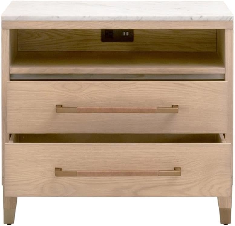 Pemberly Row 2-Drawer Marble Top Nightstand, 29"W x 18"D x 26.75"H, Solid Oak Wood Frame, Natural Oak Finish, Bianco Marble Top, Brass Handles, Felt-Lined Drawer, USB Ports, Power Outlet for Bedroom