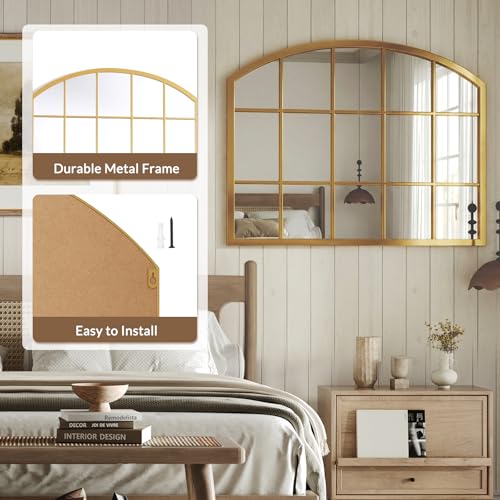 Image of Uniclinens Window Arched Wall Mirror - Gold Window Pane Mirror Decor with Metal Frame, Farmhouse Ideal Decor for Entryway, Bedroom, Living Room, Bathroom 32 inchX24 inch