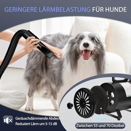 Utoimain Hundefön 4,3PS/3200W mit 3 Temperaturstufen, stufenlos regelbarem Luftstrom und 5 Aufsätzen – Professioneller Hundetrockner für Haustierpflege