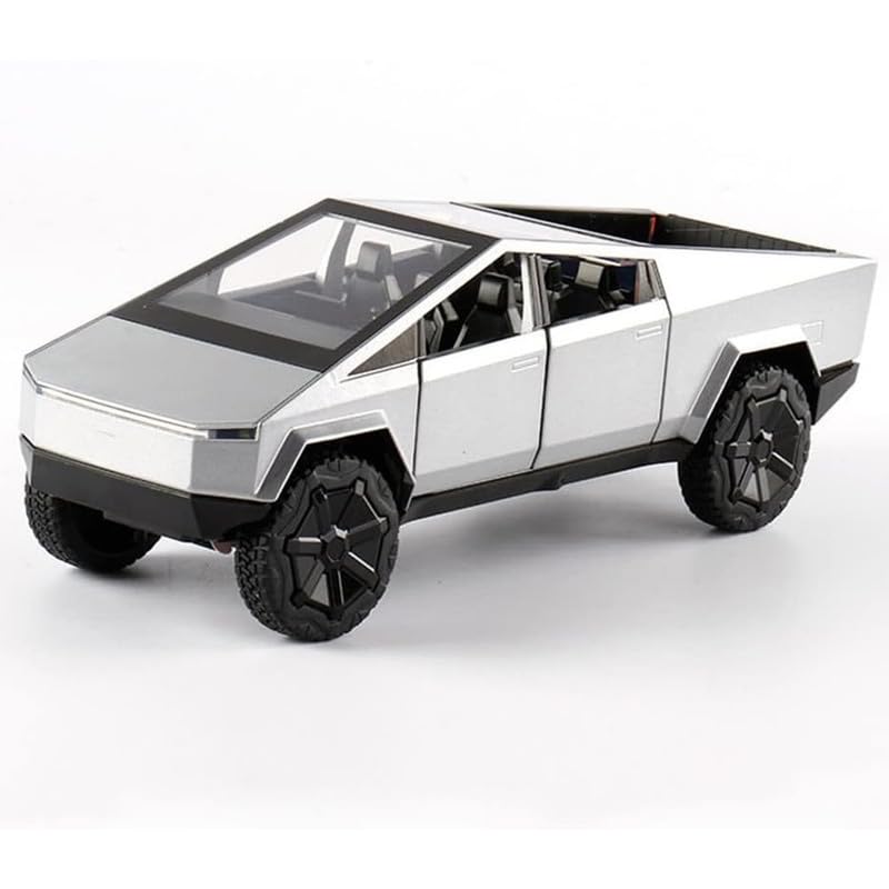 Image of Kids Model 1:24 Cyber Truck Die Cast Metal Car Pull Back Action Opening Doors with Realistic Engine Sound Lights Toy Car Gift for Boys - Silver