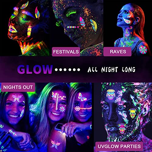 MAYCREATE® 10 Sheets Temporary Tattoo Stickers Night Glow in the Dark Sticker, 80+ Styles Waterproof UV Neon Stickers, Body Face Fake Tattoos for Women Men Kids Rave Festival Party - Image 6