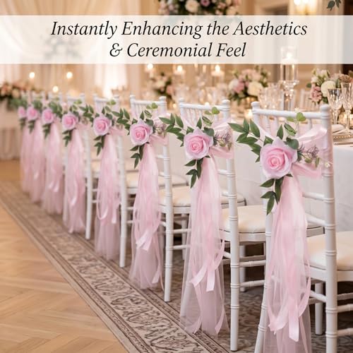 Decoraciones para pasillos de boda con rosas artificiales y adornos florales para sillas nupciales 7