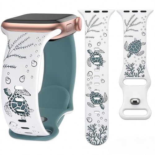 HMFCBFSS Engraved Cute Sea Turtle Band Compatible with Apple Watch Bands for Women Men 38mm 40mm 41mm 42mm, Stylish Two-Tone Floral Soft Silicone Sport Strap Fit iWatch Series 11 10 Se 9 8 7 6 5 4 3 2 1 (White/Green, 38mm/40mm/41mm/(42mm-Series 11 10)