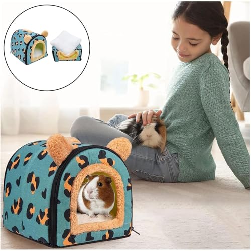 Tkxjry Meerschweinchen Betthöhle, mit Abnehmbarem Reißverschluss Meerschweinchen Haus, Warmes Hamsterhaus, 35*29*29cm Kleintierbett, Für Zwergkaninchen, Chinchilla, Hamster(Blauer Leopardenmuster) (S)