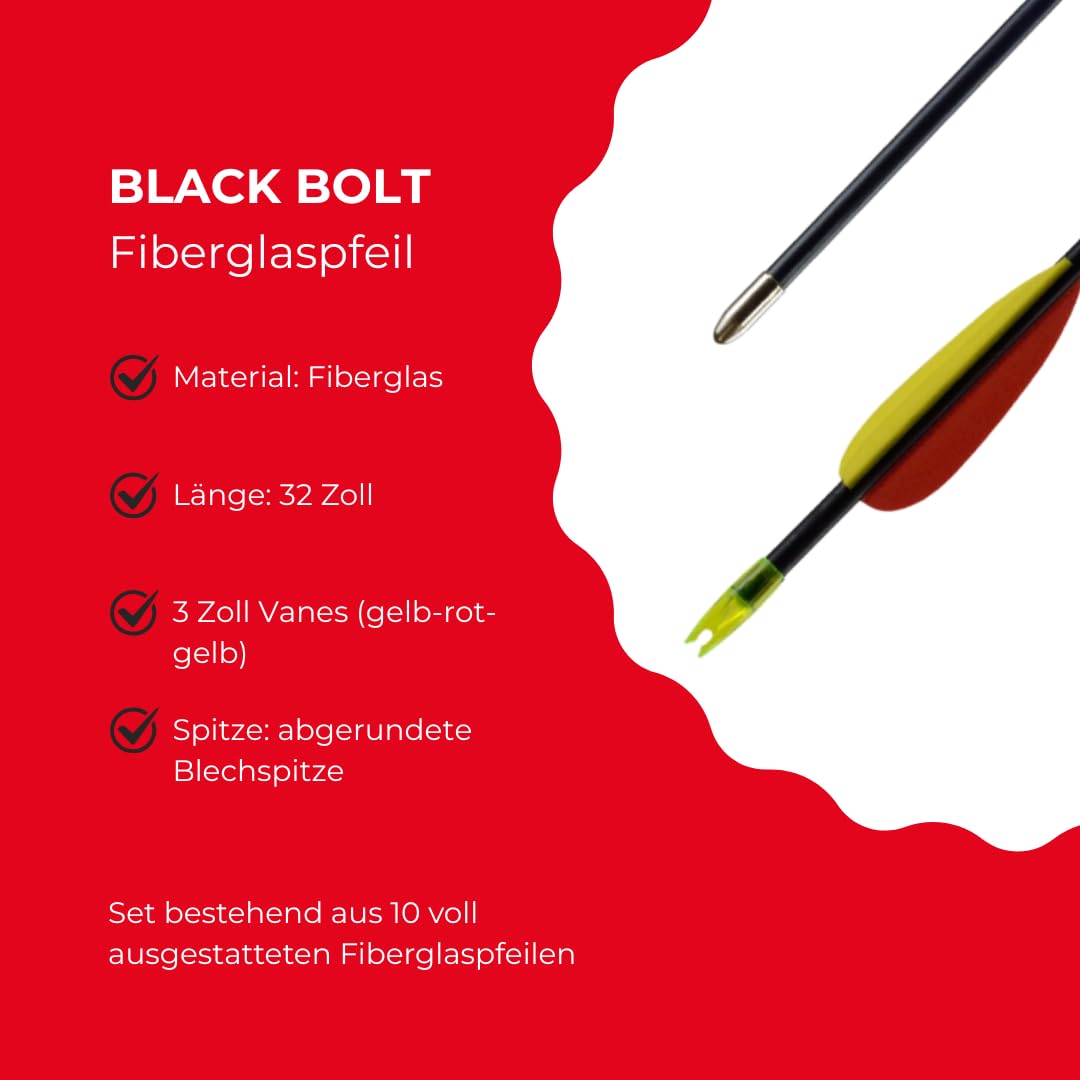 BLACK BOLT Fiberglaspfeile 32 Zoll für Lang- und Recurvebögen bis 30 lbs | 10er Set mit gelb-roter Kunststoffbefiederung, abgerundeter Blechspitze, Kunststoffnocke