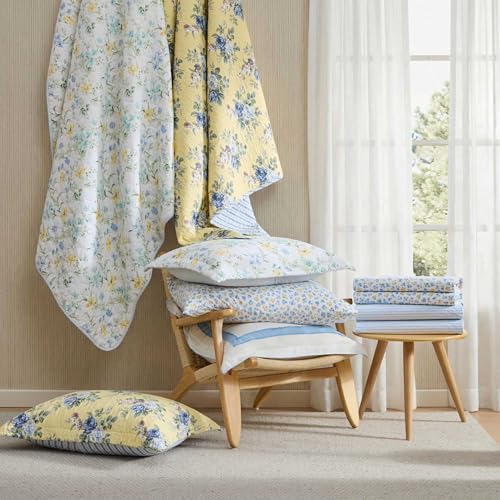 Image of Laura Ashley - Twin XL Sheet Set, 100% Cotton Percale Bed Sheets with Pillowcase, Cooling and Breathable, Crisp and Smooth Feel, Deep Pocket Fitted Sheet, Bedford Skinny Stripe Blue