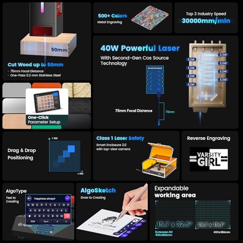 Image of Algolaser 40000mW Laser Engraver Machine - Laser Cutter /Engraver with Air Assist Kit - Laser Engraving Machine with 3.5 inch Smart Touchscreen & AlgoOS System,Laser Engraver for Metal,Wood,Acrylic