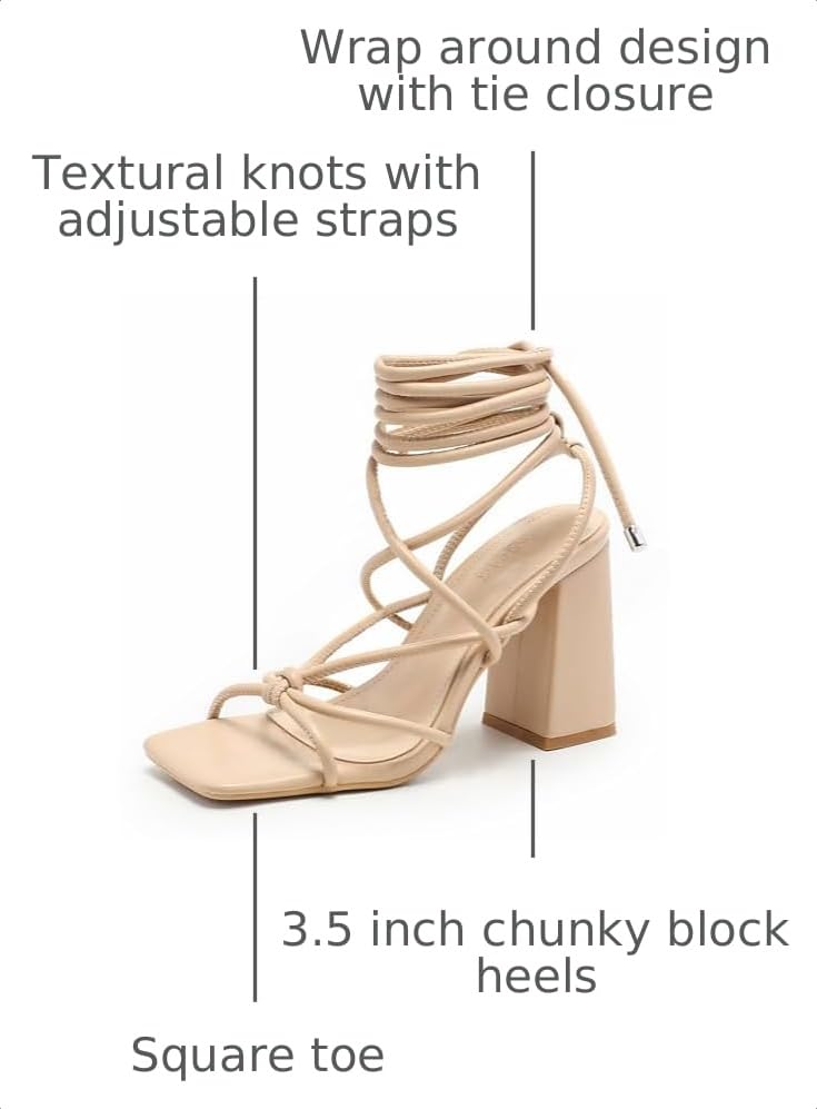 Image of Womens Strappy Heels Lace Up Chunky Heel Sandals, Cute Block Heel Wrap Sandals for Women Dressy Sexy with Square Toe