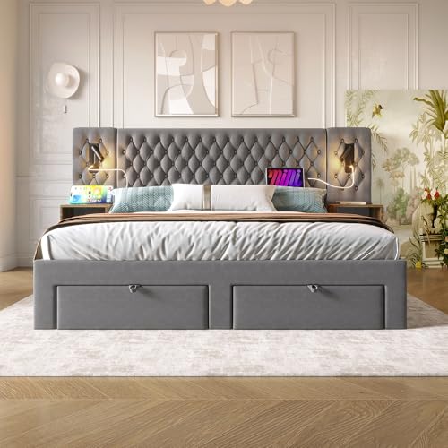 Polsterbett Doppelbett Bettanlage 180x200 cm, Schlafzimmer Komplett Set mit 2x Nachtkommoden und 4 Schubladen, LED Kopfteil Stauraumbett mit Leselicht & USB Ladefunktion, Samt, Ohne Matratze, Grau