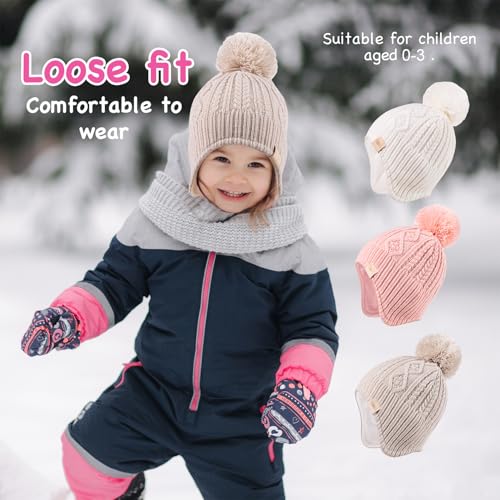 Baby Beanie Hat, Winter Warm Knit Cap and Scarf Set with Pom Pom for Girls, Toddler Winter Hat(0-36months) Pink - Thumbnail 5