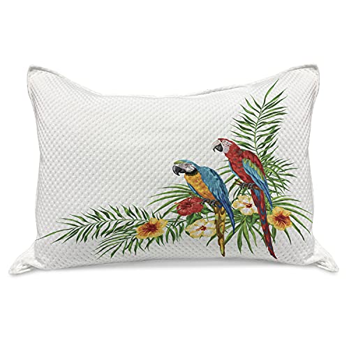 Ambesonne Bird Print Knitted Quilt Pillowcover, Tropical Art of 2 Exotic Parrots Palm Leaves and Hibiscus Flowers, Standard King Size Pillow Cover for Bedroom, 36