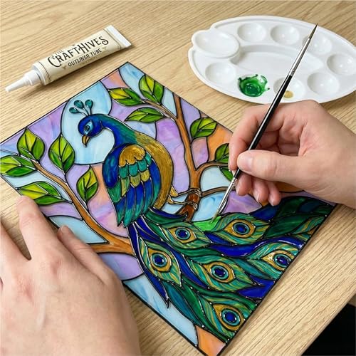 Image of The Crafthives Peacock Glass Painting Kit | DIY Stained Glass Peacock Art Set with Acrylic Frames, Colours, Brushes & Outliner | Creative Glass Painting Craft Kit for Kids Beginners Adults