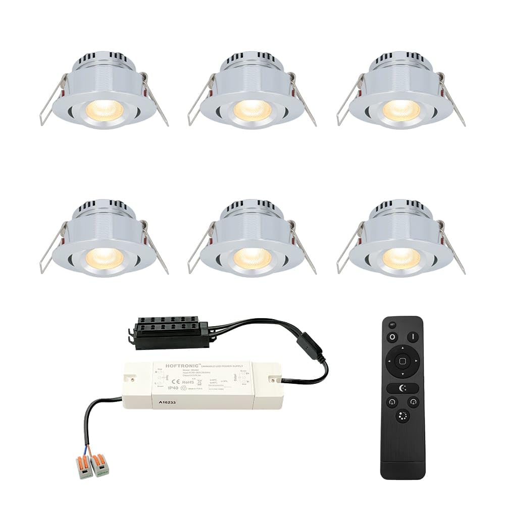 HOFTRONIC - Einbaustrahler Feuchtraum Badezimmer 12V Terrassenüberdachung IP44 Wasserdicht | 6x3W | 6x200 Lumen Warmweiß lichtfarbe Dimmbar Schwenkbar Flach RF-Fernbedienung 3W Mini LED Einbaustrahler