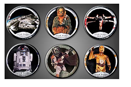 Original Star Wars Magnets Fridge Set of 6 1 inch round Chewie Chewbacca Wookiee R2-D2 C-3PO Millenium Falcon Boba Fett Bounty Hunter Red 2 Fighter Plane
