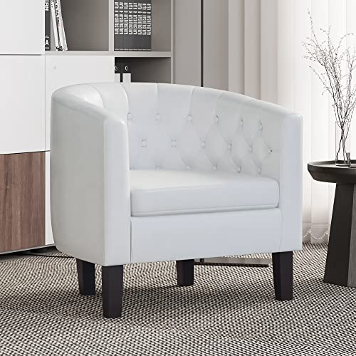 Image of BELLEZE White Accent Chairs for Living Room, Set of 2 Elegant Arm Chairs, Upholstered Tufted Barrel Chairs Club Chairs for Bedroom with Sturdy Legs and Faux Leather - Berlinda (White)