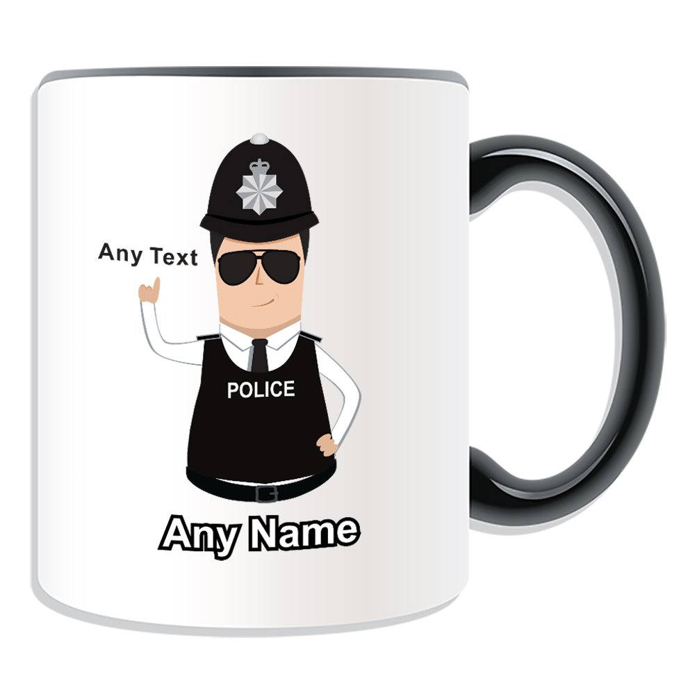 Unigift Black Personalised Gift - Police Constable/Sergeant Mug (Police Design Theme, Colour Options) - Any Name/Message On Your Unique - Pc Sgt Cid Ds - Dark/ Hair Policeman Hat Cap Helmet - Detective