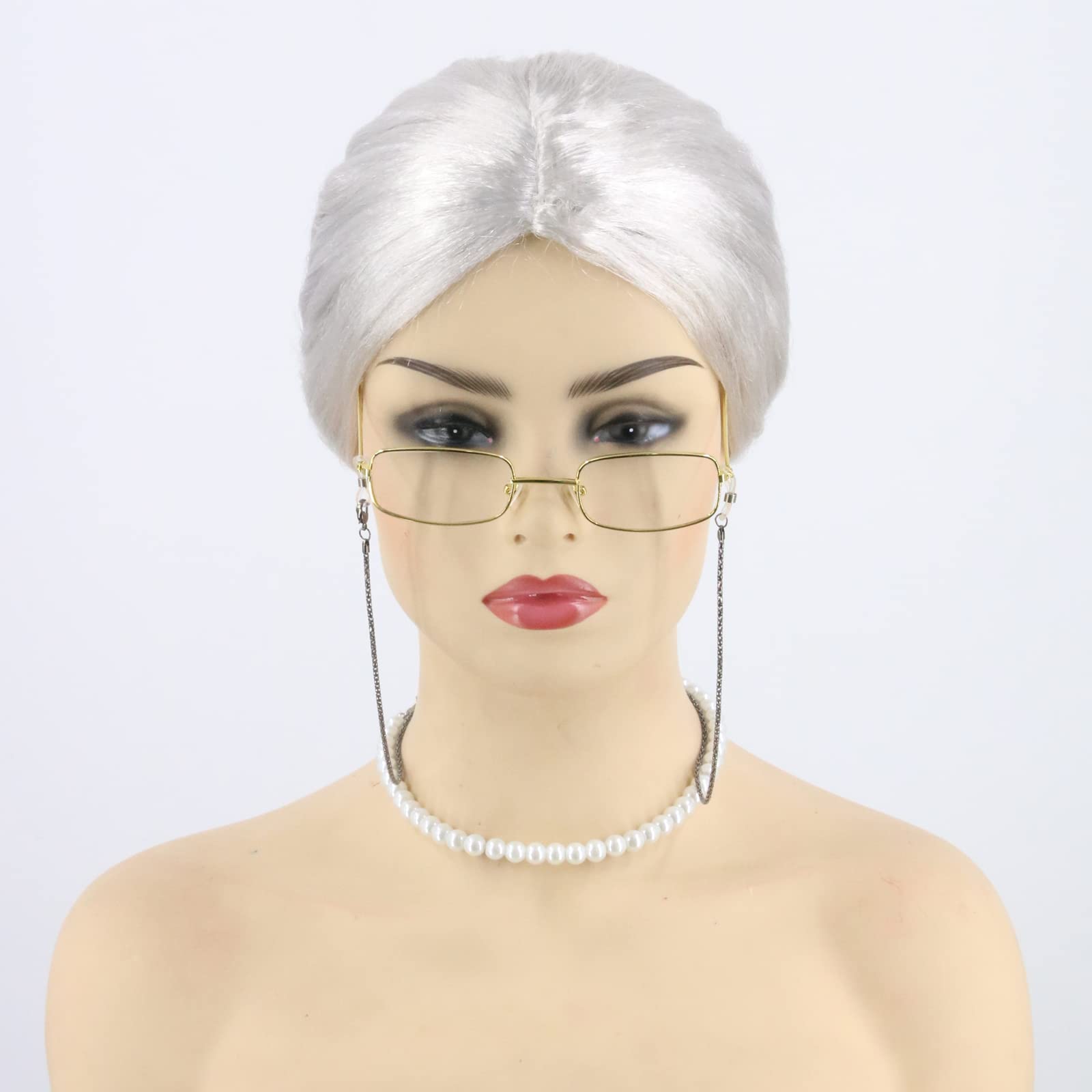 Topcosplay 3pcs Grandma Wig with Pearl Necklace and Glasses Old Lady Costume Set Adults Granny Grey Wig for Halloween Cosplay (White) - Image 2