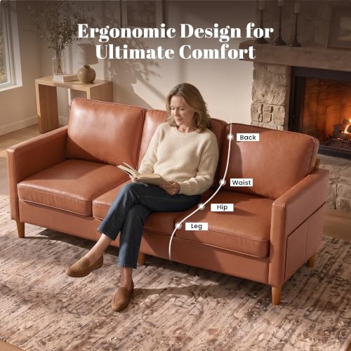 Image of 80 inch Faux Leather Sofa Mid Century Modern 3 Seater Couch for Living Room | Removable Seat & Backrest Covers, Side Storage Pocket, Wood Legs, Office, Apartment, Bedroom