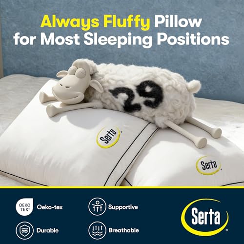 Image of Serta Hotel Collection Bed Pillows King Size Set of 2, 400 Thread Count 100% Cotton Cover, Medium Support Gusseted Down Alternative Pillow for Back, Stomach or Side Sleepers, 18 inch x 34 inch, White