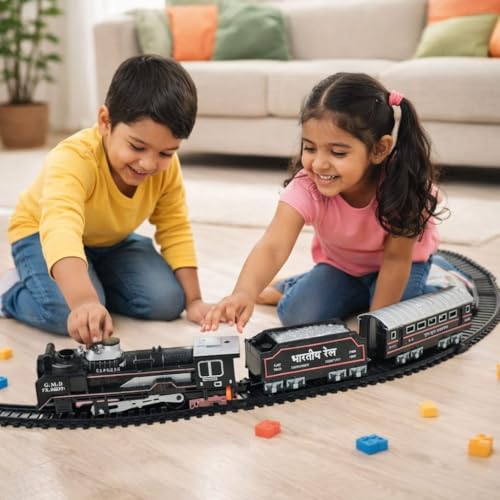 Image of Braintastic Rail King Electric Train Set for Kids|16-Piece Classic Track Set with Light, Sound & Smoke|Rechargeable Battery Operated Track Train Toy for Boys & Girls