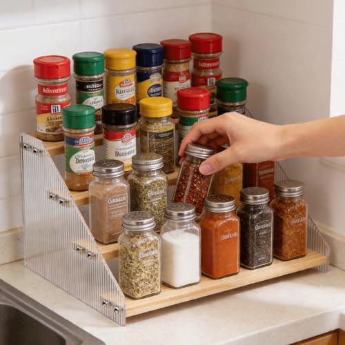 Tiered Spice Rack Organizer for Countertop & Cabinet, 4-Tier 12in Kitchen Seasoning Storage Shelf, Space Saving Standing Spice Organizer, Wooden & Acrylic, Solid Wood