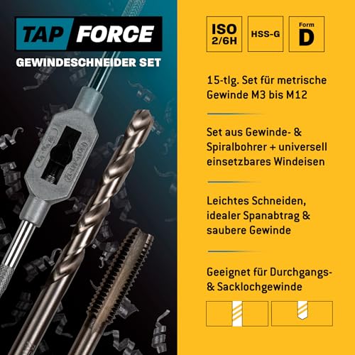 Gewindeschneider Set Metrisch, M3 - M12, 15tlg. HSS-G/Windeisen/Amboss Tap Force/Gewindeschneidsatz, Gewindeschneidsortiment, Schneidsatz, Gewindebohrer Set / M3 & M4 & M5 & M6 & M8 & M10 & M12