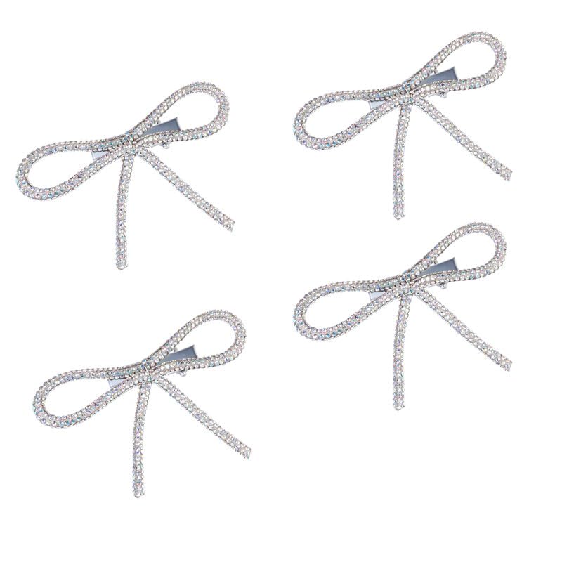 Hair Drama Co. Crystal Bows for Women, 4 Pcs - Silver Hair Bow & Glitter Bow - Embellished Hair Bow Clips - Fancy Hair Clips - Metal Hair Bow Clips - Ribbon Bow Hair Clip