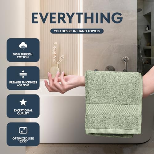 Image of White Classic Luxury Mint Green Hand Towels - Soft 100% Turkish Cotton | Highly Absorbent Hotel spa Bathroom Towel Collection | 16x30 Inch | Set of 6