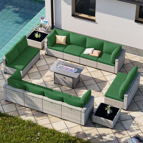 Image of Outdoor PE Wicker Rattan Modular Patio Sectional Sofa Set | 15-Piece: 12 Modular Seats, 2 Coffee Tables & 55,000 BTU Fire Pit Table, Dark Green