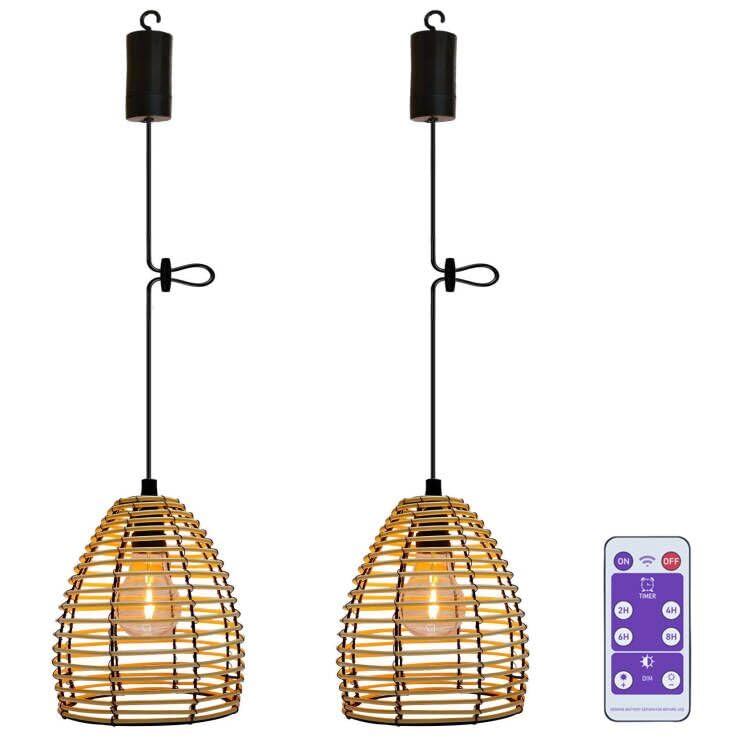 2x Vintage H&auml;ngelampe mit Batterie Fernbedienung Boho Rattan Lampe Akku H&auml;ngeleuchte Deckenlampe ohne Strom Laternen Lampions IP66 Wetterfest f&uuml;r Au&szlig;en Garten Balkon Weihnachten Party Deko Geschenk