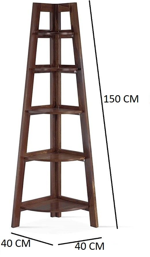 Image of Solid Sheesham Wooden Corner Bookshelf for Living Room Floor Standing Corner Book Shelf 5 Tier Ladder Cabinet Corner Shelf for Home Decor|Bookshelf for Home | Rosewood, Walnut