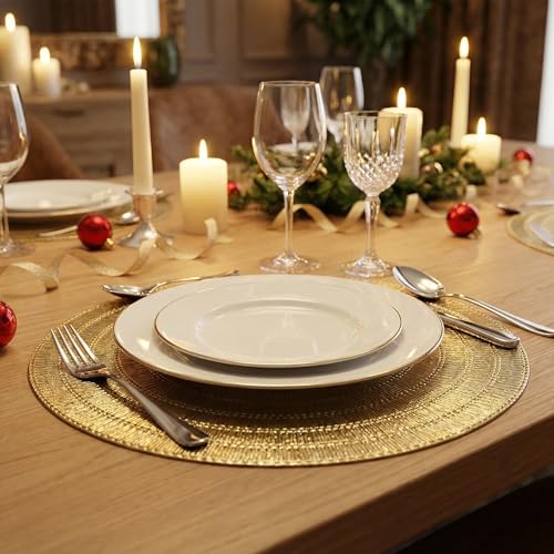 Gold Placemats Set of 6, 15 Inch Round PVC Table Mats, Heat-Resistant & Waterproof Washable Place Mats for Dining Table, Elegant Metallic Decor for Holiday Dinner Party Decorations by pfoosnd - Used condition - Image 6