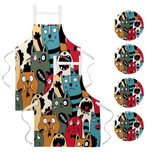 Tablier de cuisine et pâtisserie lot de 2 avec broches style chat coloré
