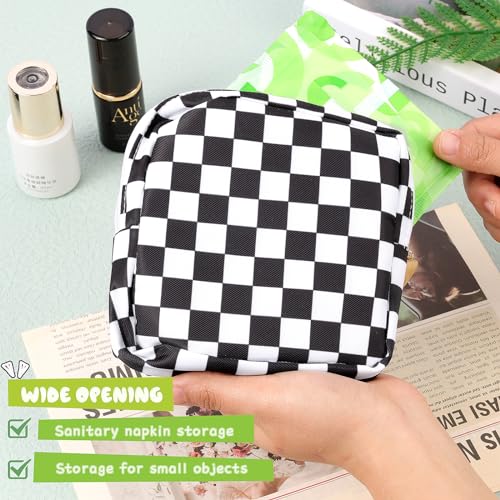 Image of Sanitary Pad Storage Bag Portable Period Bag for Teen Pads /Sanitary Napkins /Small Tampons, Sanitary Napkin Storage Bag First Period Gifts for Teen Girls (Black-white Check)