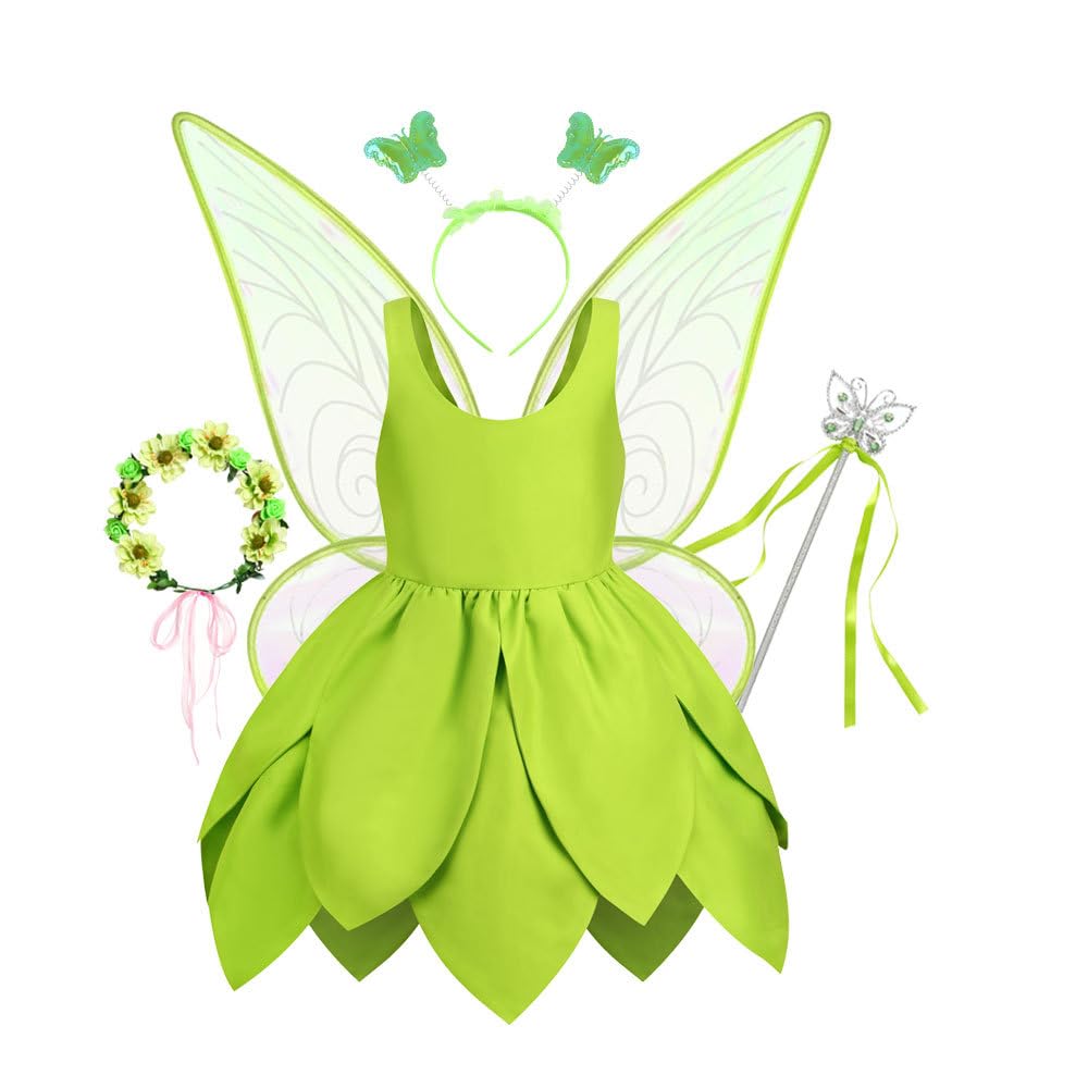 LeunsyoukinPrincess Fairy Costume for Girls,Green Dress with Wings Accessories,Baby Toddler Girls' Halloween Costume Outfit
