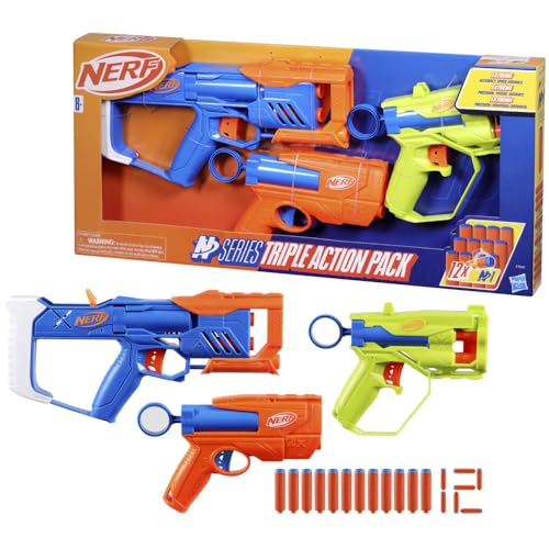 Nerf Paquete de triple acción N-Series, 3 lanzadores, 12 dardos Nerf N1, compatible solo con Nerf N Series Blaster, juegos al aire libre para niños, a partir de 8 años