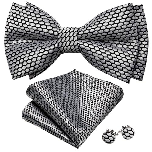 Image of Barry.Wang Paisley Striped Bow Tie for Men Silk Pre-Tied Bowtie Pocket Square Cufflinks Set Formal Wedding Party Prom
